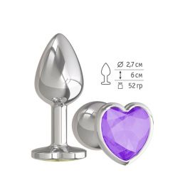 Анальная втулка Silver Small Heart с фиолетовым кристаллом