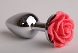 Анальная пробка Silver Medium с красной розой
