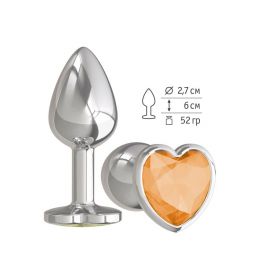 Анальная втулка Silver Small Heart с оранжевым кристаллом