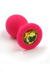 Розовая анальная пробка Silicone Medium с желтым кристаллом